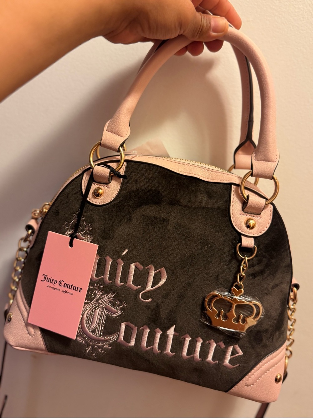 Juicy Couture Black and Pink Dome Satchel with Crown Charm